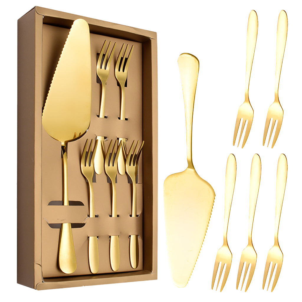 HASTHIP Cake Server Cake Forks Combo Set Stainless Steel Cake Slice & 5Pcs Dessert Forks, 2 in 1 Serrated Cake Cutter Slice 5.2 inches Cake Forks, Birthday Party Supplies Kitchen Supplies, Golden