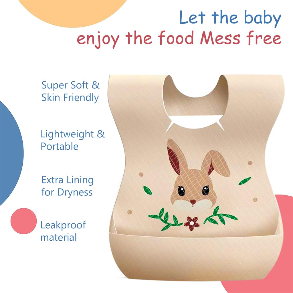 SNOWIE SOFT Disposable Baby Bibs Pack Of 20 - Skin-Friendly Non-Woven Fabric With Leak-Proof Layer, Adhesive Closure, Catcher Pocket, Ideal For Travel & Home Use, Cute Cartoon Print Design