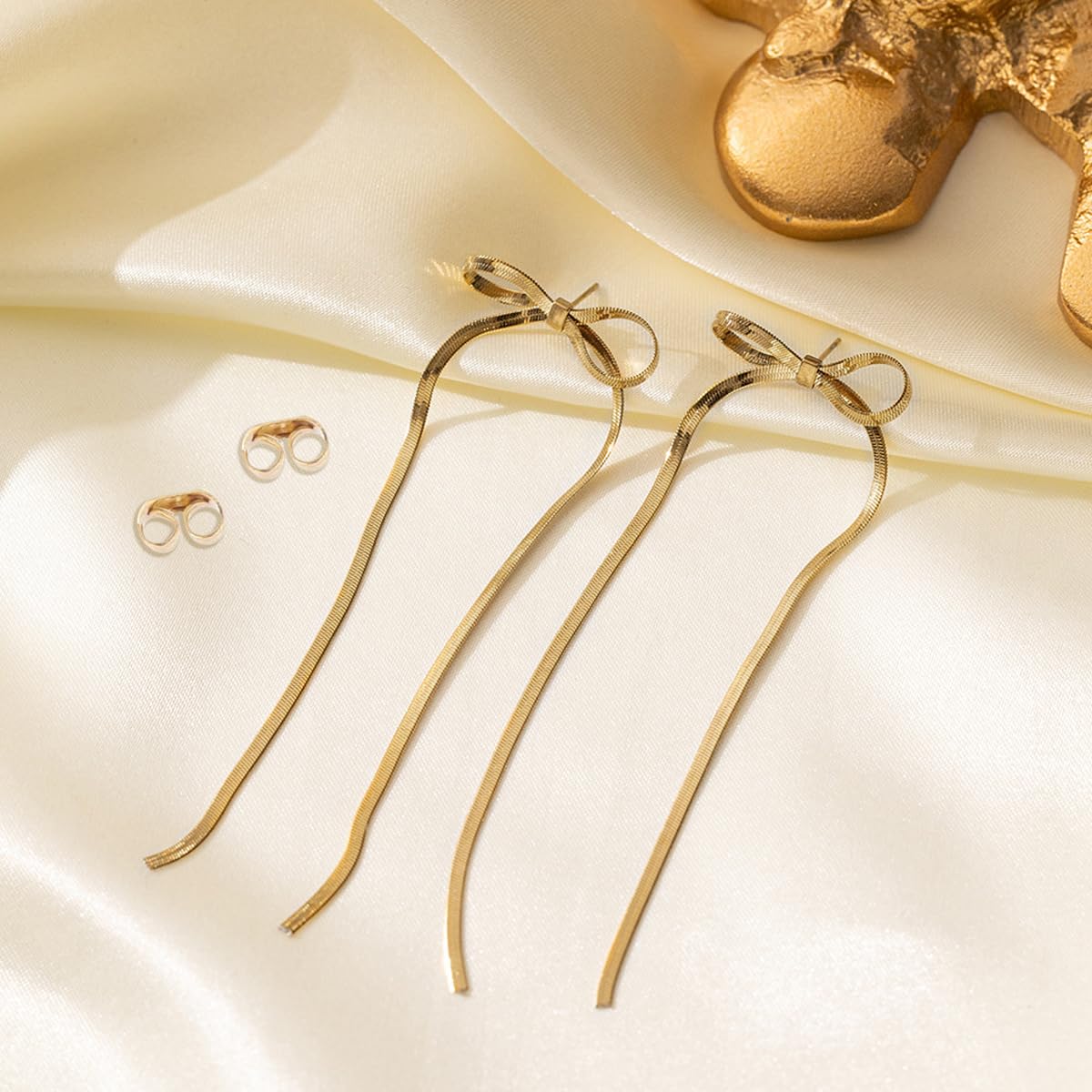 SANNIDHI Bow Earrings for Women Fashion 4'' Bow Drop Studs Earrings for Women Gold Soft Steel Dangle Earrings Long Tassel Chain Earrings Wedding Statement Gifts for Women - 1 Pairs