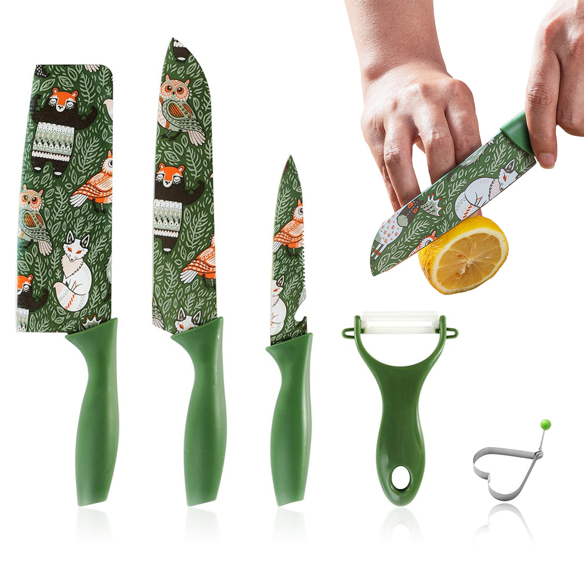 Supvox 5Pcs Stainless Steel Kitchen Knife - Chef Knife, Meat Cleaver, Fruit Cutter, Peeler and Stainless Steel Egg Fryer, Animal Forest Themed Printed Kitchen Supplies, Kitchen Tools for Cooking