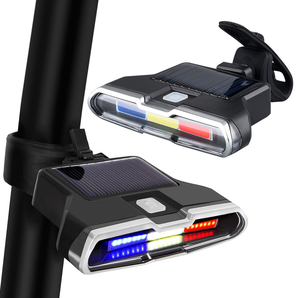 Proberos LED Bike Tail Light Solar Powered Bike Safety Light 3-Color Warning Light with 7 Lighting Modes Waterproof Bike Tail Light Auto Charging Solar Powered Outdoor Riding Under Saddle Light
