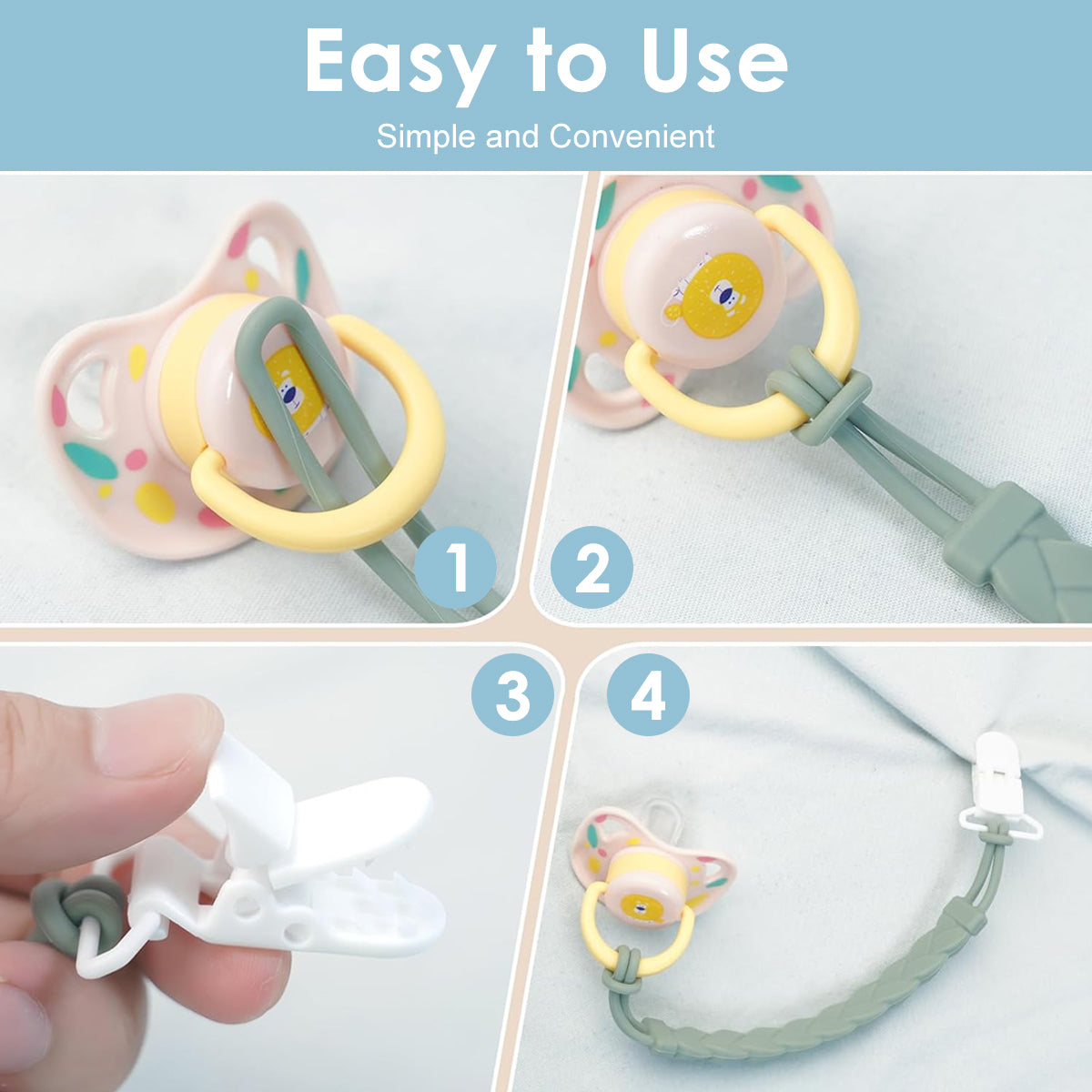 SNOWIE SOFT 4Pcs Pacifier Clip Straps Silicone Pacifier Holder Anti-lost Pacifier Holder for Clothes 4-Color Woven Silicone Pacifier Holder Clips Stroller Toy Clips Shower Gifts
