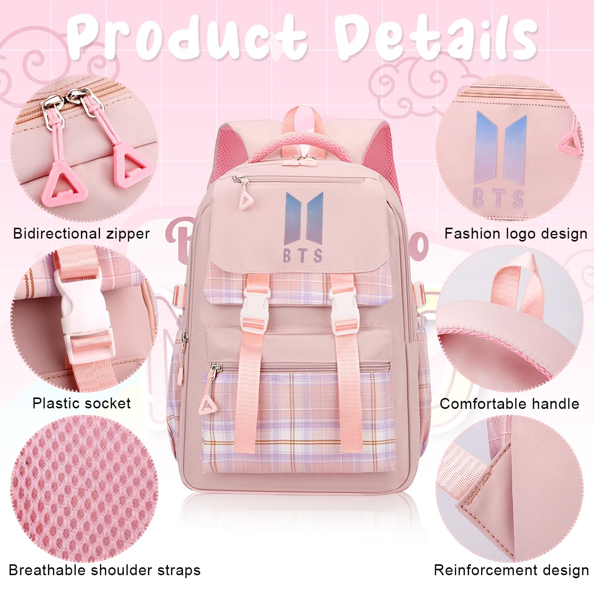 PALAY BTS Backpack for School Girls 6-12 Years Old Teens Fashion Checked Print BTS School Backpack Large Multi Layer Book Bag Travel Backpack for Teens Students School Gift for Girls, Pink