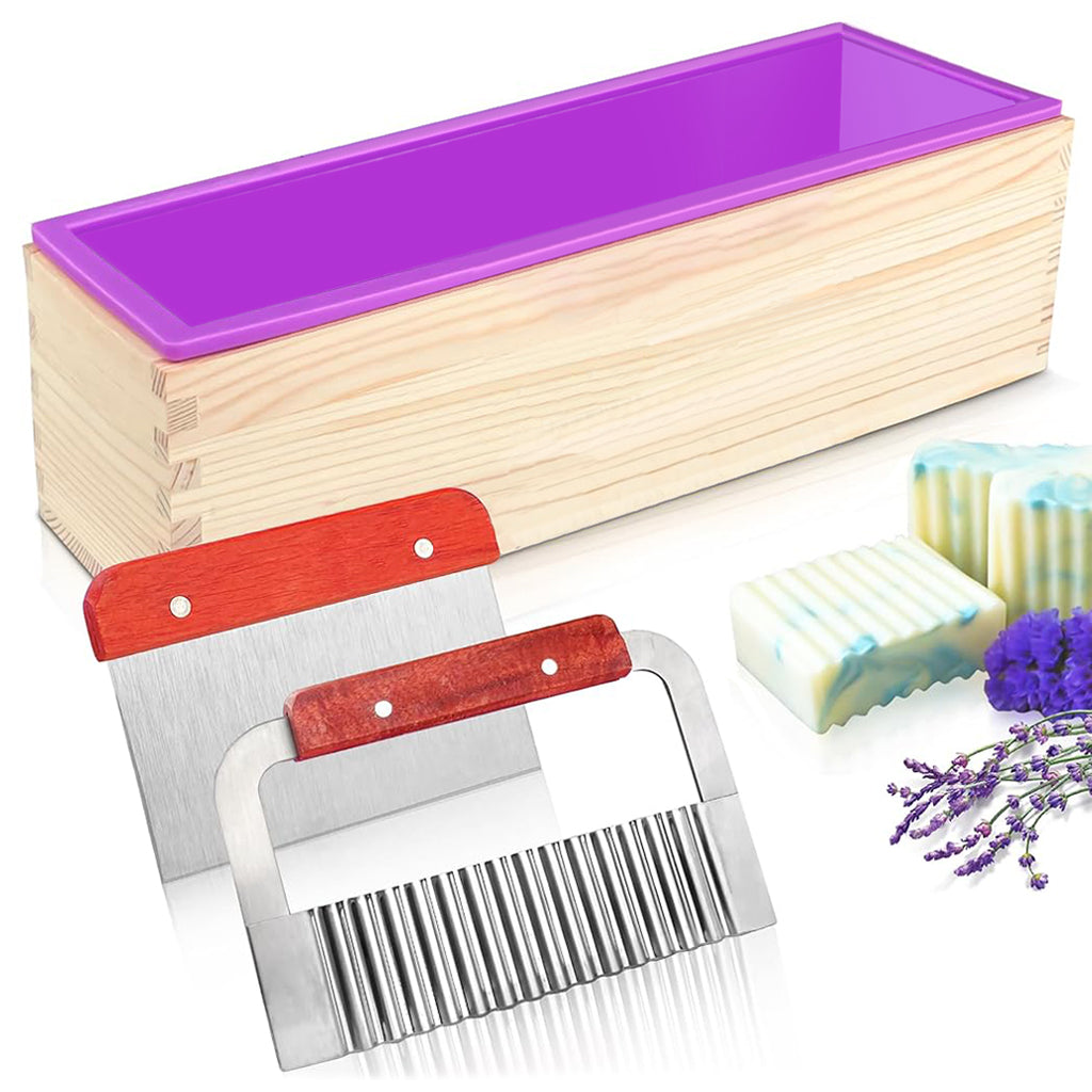 HASTHIP Silicone Soap Mold With Wooden Box, 1200g/42Oz Large Capacity Flexible Rectangular Loaf Mold, Stainless Steel Wavy + Straight Scraper for Soaps Making