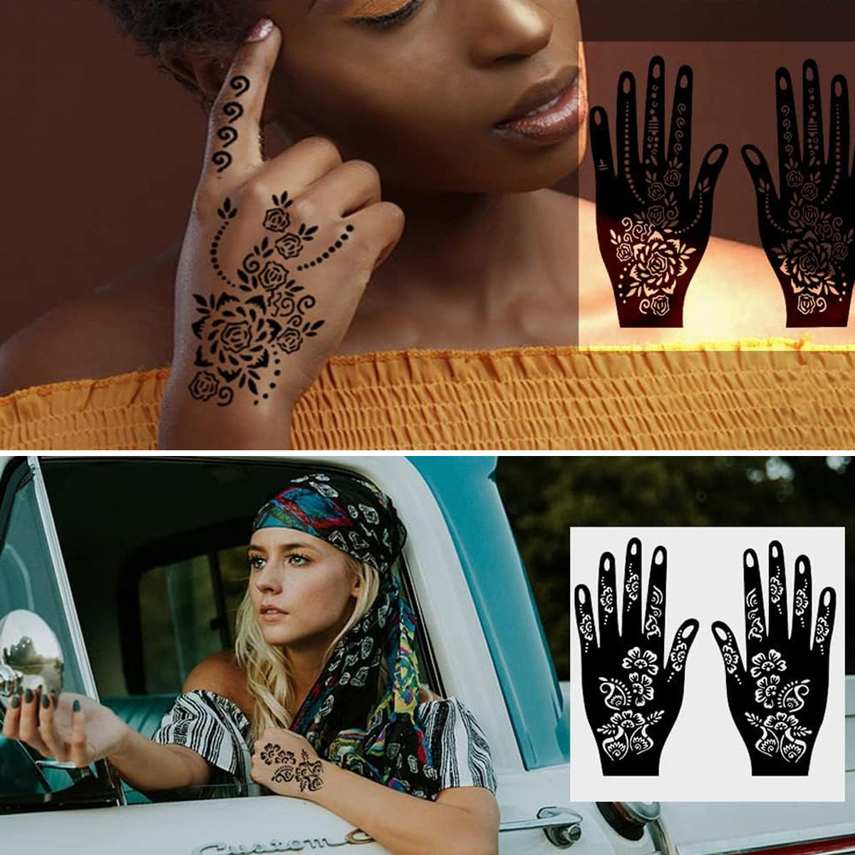 MAYCREATE 14 Sheets Henna Tattoo Mehendi Stencil Stickers Airbrush Flower Mehndi Stickers For Hands Arabic Temporary Tattoo for Women Girls Mehndi Sticker for Hands, Face, Arms, Body