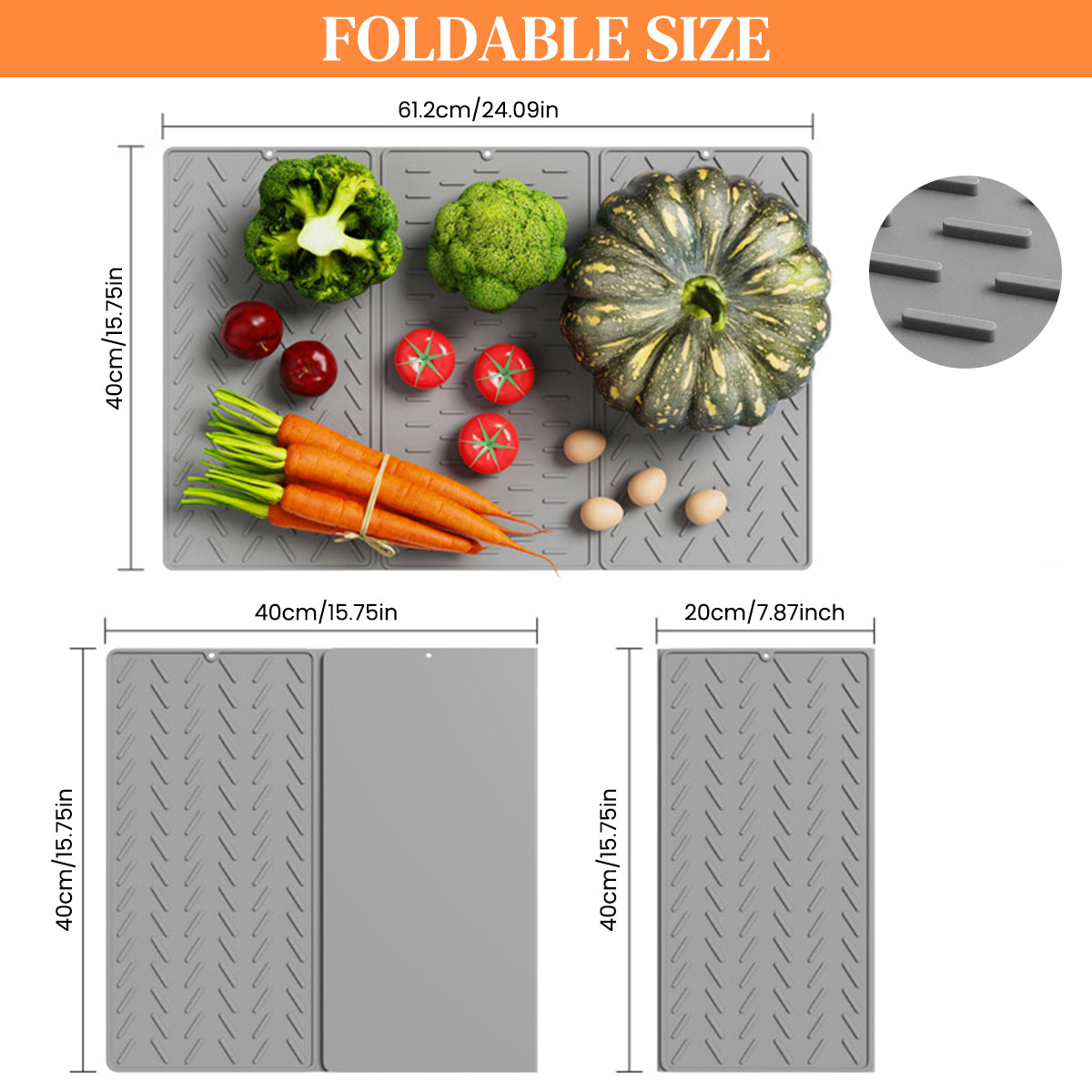 Supvox Kitchen Dry Mat Triple Fold Silicone Utility Mat Grooved Surface Dry Mat Dishes Drain Mat Heat Resistant Countertop Protector Mat Anti-slip Silicone Table Mat with Hanging Hole, 24×16in