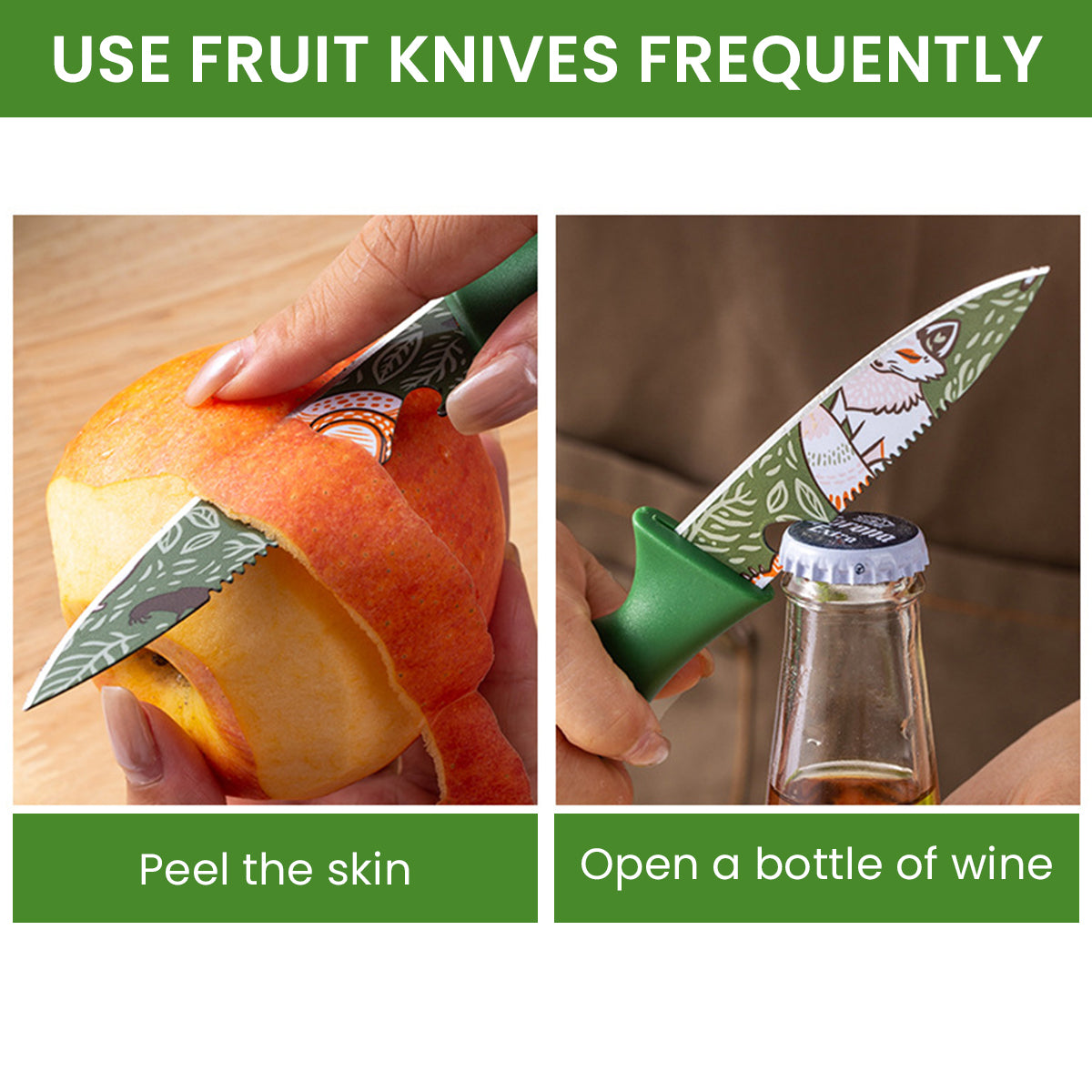 Supvox 5Pcs Stainless Steel Kitchen Knife - Chef Knife, Meat Cleaver, Fruit Cutter, Peeler and Stainless Steel Egg Fryer, Animal Forest Themed Printed Kitchen Supplies, Kitchen Tools for Cooking