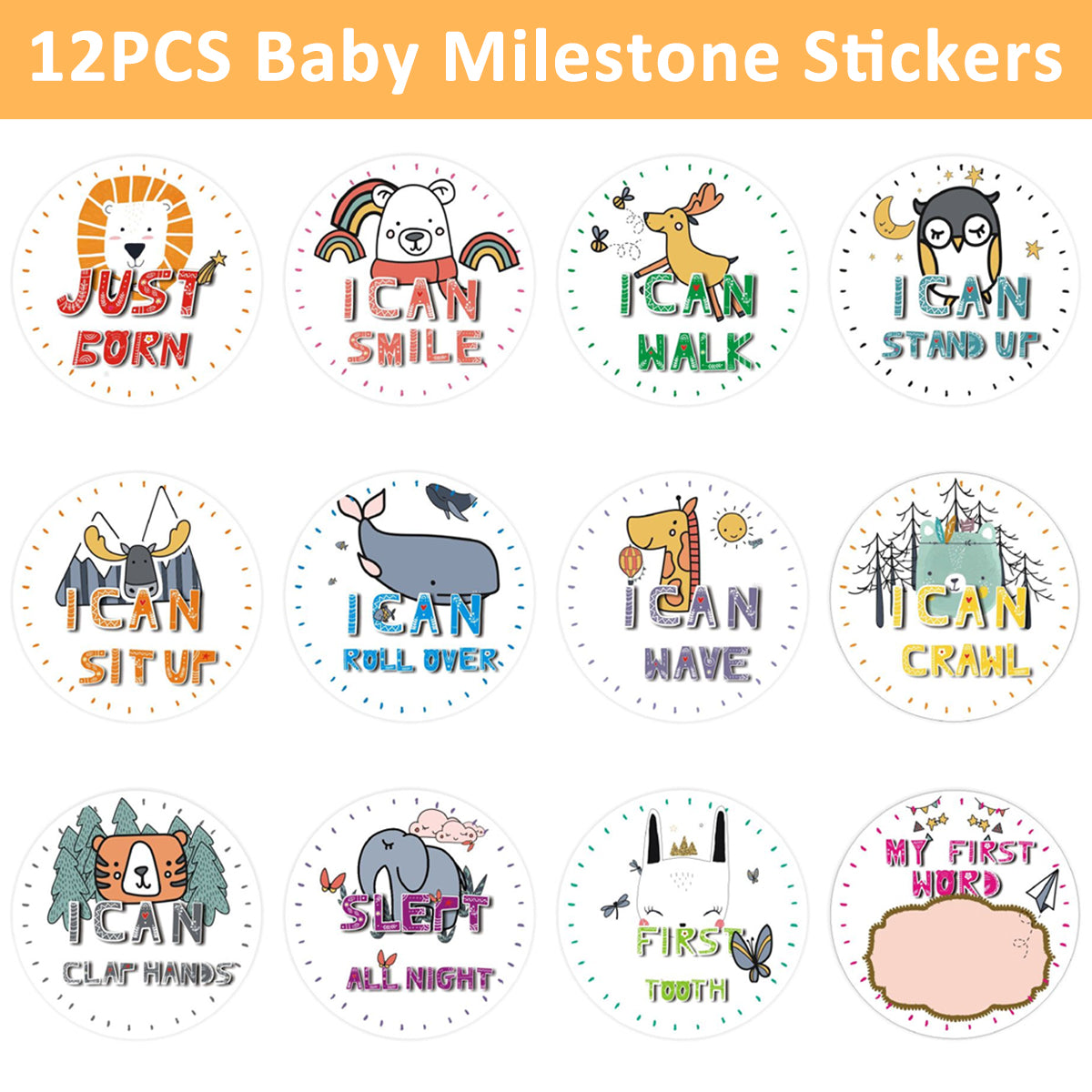 SNOWIE SOFT 12Pcs Baby Skill Milestone Stickers Baby Photography Props Animals Sticker 'My First I Can'' Milestone Stickers Photo Props for Babies Newborn Monthly Milestone Stickers 10x10cm