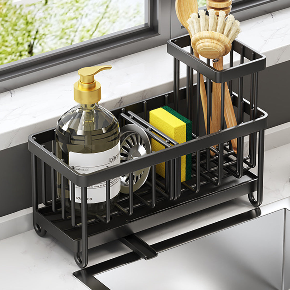 HASTHIP Kitchen Sink Organizer Sponge Holder Kitchen Sponge Holder Rag Holder Dish Sponge Drain Rack Self-draining Drain Design Carbon Steel Modern Kitchen Sink Organizer, 23x19x16cm