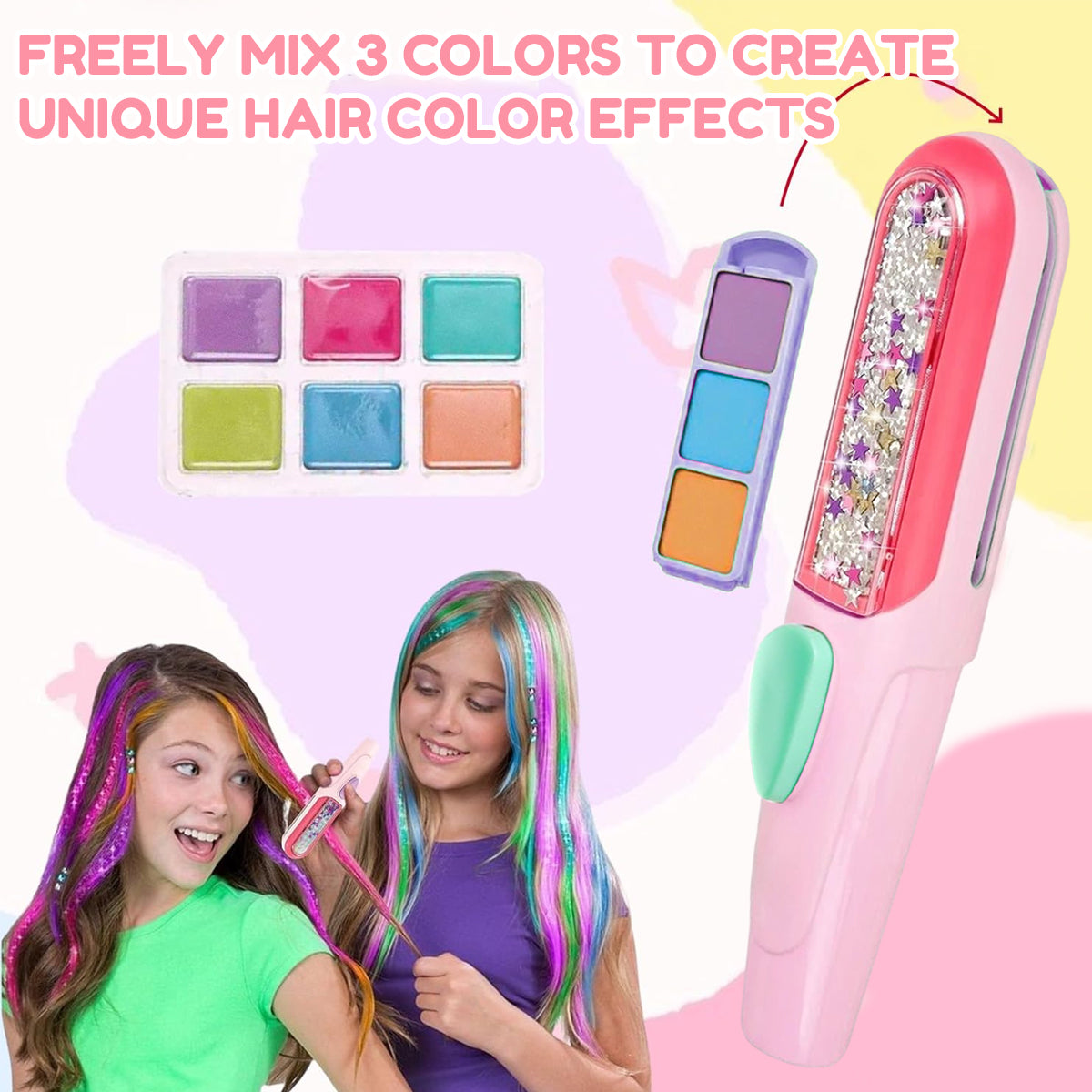 PATPAT Girls Hair Styling Tools Kit Glittering Multi Color DIY Hair Dye Chalk Set with Applicator, Easy and Fun Stylish Girls Hair Styling Tools Gift Set for 4-12 Years Old