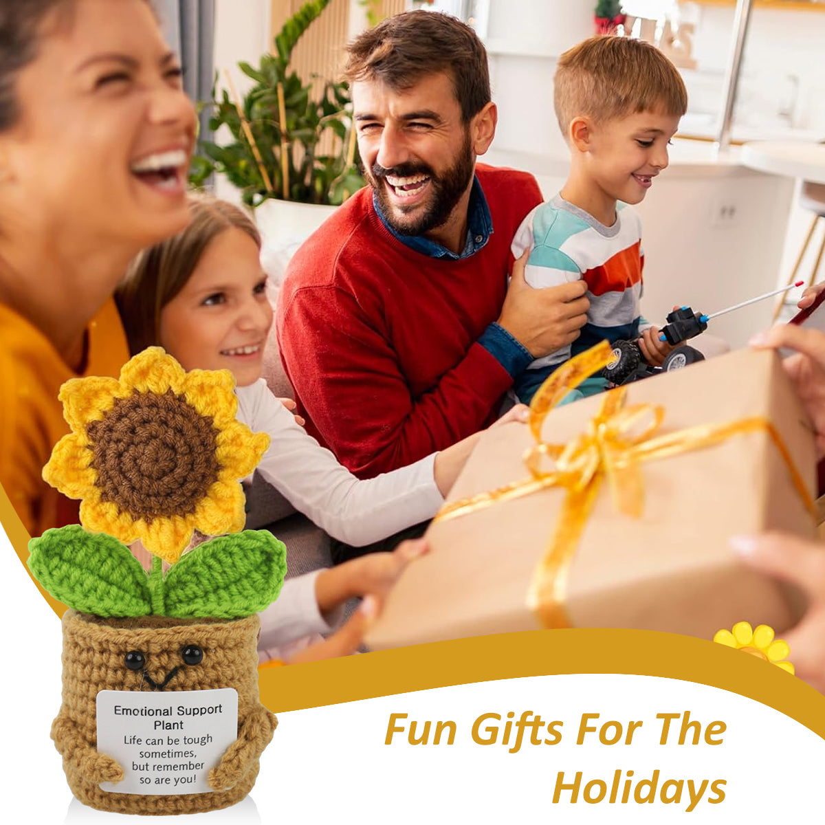 ZIBUYU Crochet Sunflower Pot 5.91 inches Motivational Desk Decor Cute Smile Sunflower with Inspirational Cards Lovely Stuffed Crochet Sunflower Toy Car Interior Accent Gift Yellow