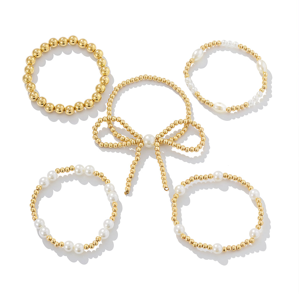 SANNIDHI 5Pcs Metal Beaded Bracelets Golden Beaded Faux Pearl Bracelets for Girls Women Golden Finish Elegant Bowknot String Beaded Bracelets Jewelry Gift for Girls Birthday Gift