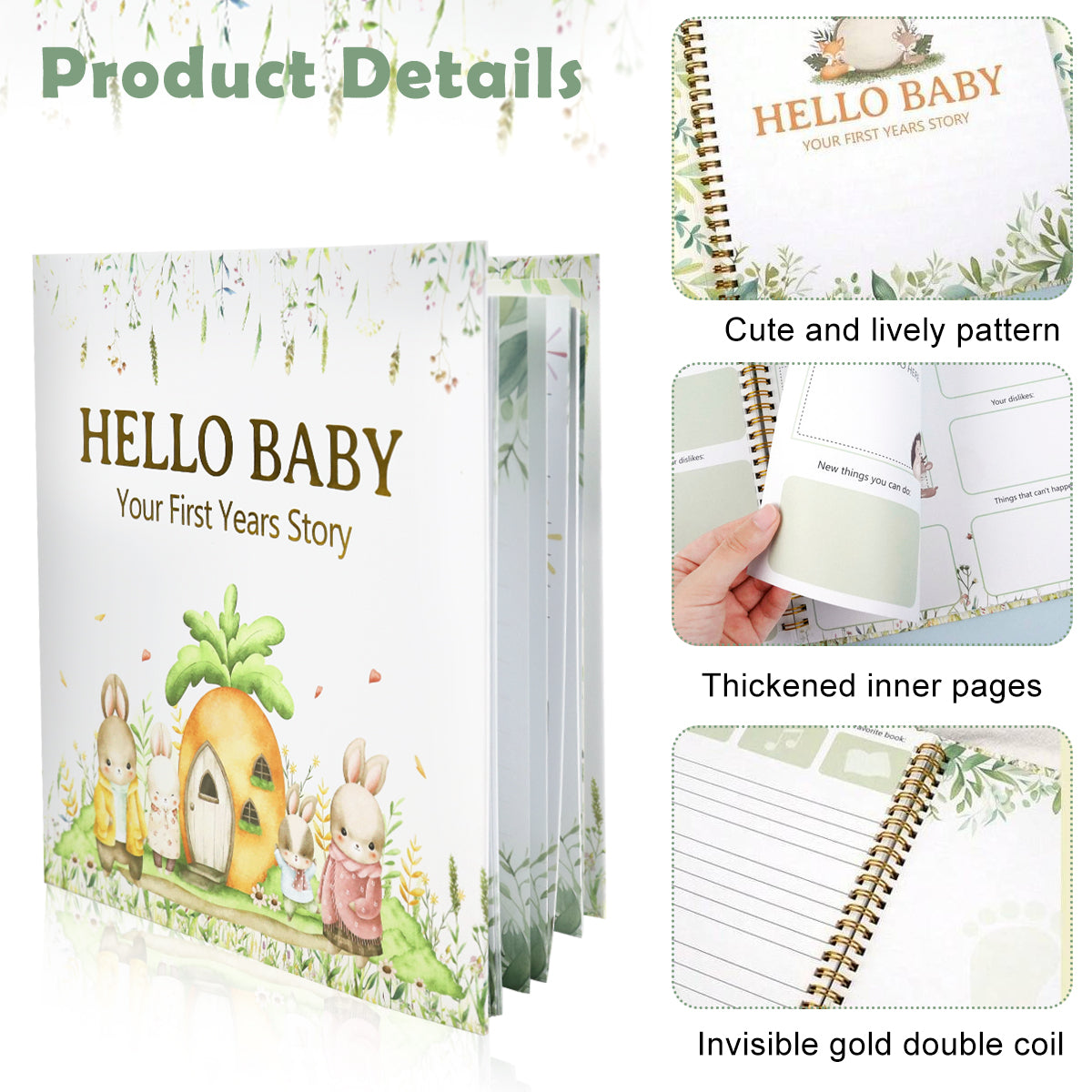 SNOWIE SOFT Baby Memory Book Cute Bunny Hard Cover 100 Page Baby Newborns Growth Record Book Mother to be DIY Photo Scrapbook Baby Milestone Book for 0-5 Years Old Baby Shower Gift New Parents Gift