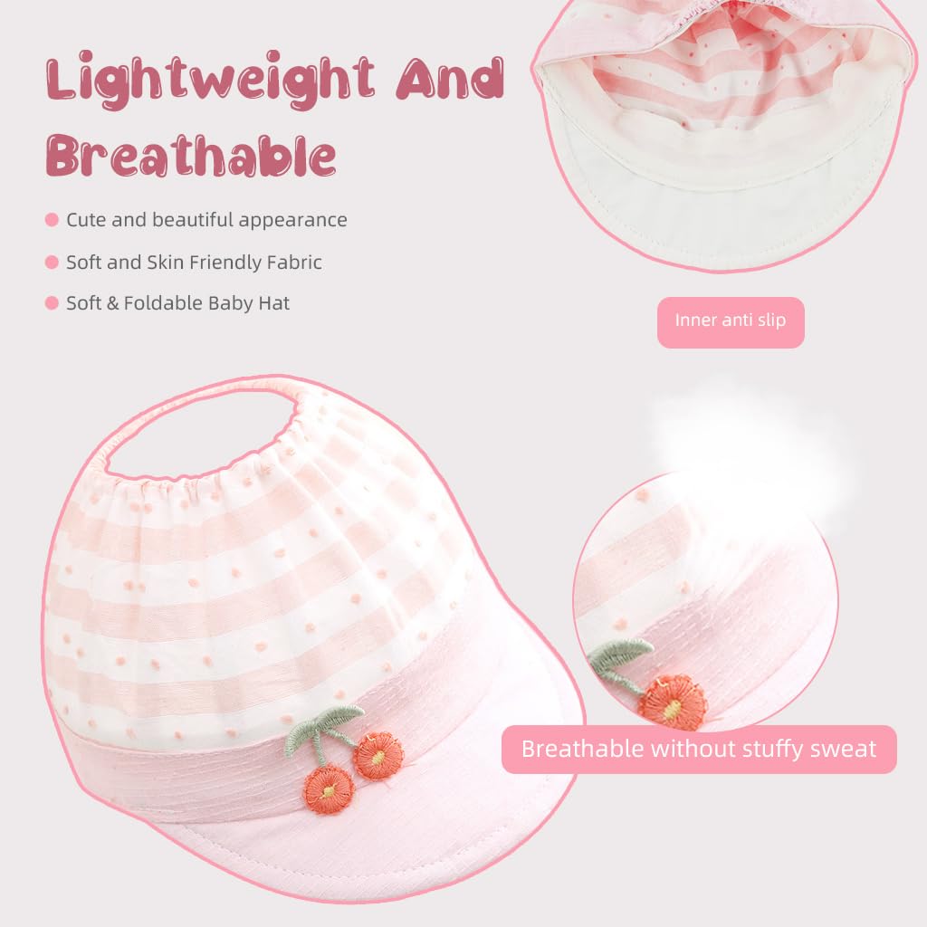 SNOWIE SOFT Baby Cap Baby Girls Sun Visor Hat Cute Pink Embroidery Sun Cap for Baby Girls Sun Visor Hat Outdoor Sun Protection Baby Sun Cap Baby Shower Gift Baby Caps for Born 0-6 Months Girl