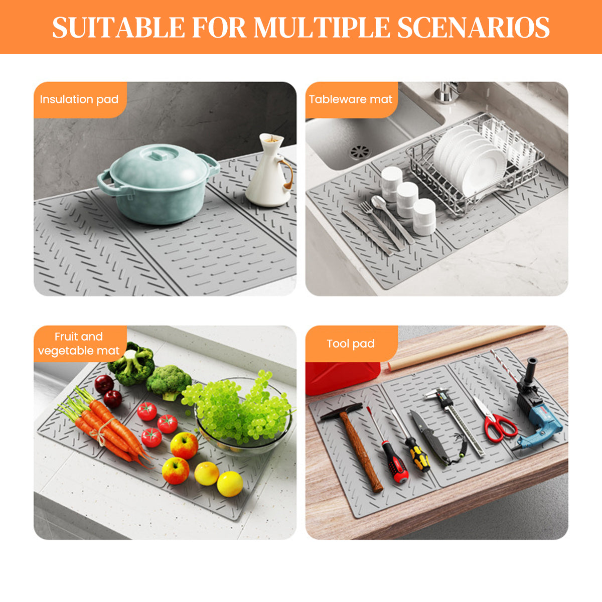 Supvox Kitchen Dry Mat Triple Fold Silicone Utility Mat Grooved Surface Dry Mat Dishes Drain Mat Heat Resistant Countertop Protector Mat Anti-slip Silicone Table Mat with Hanging Hole, 24×16in