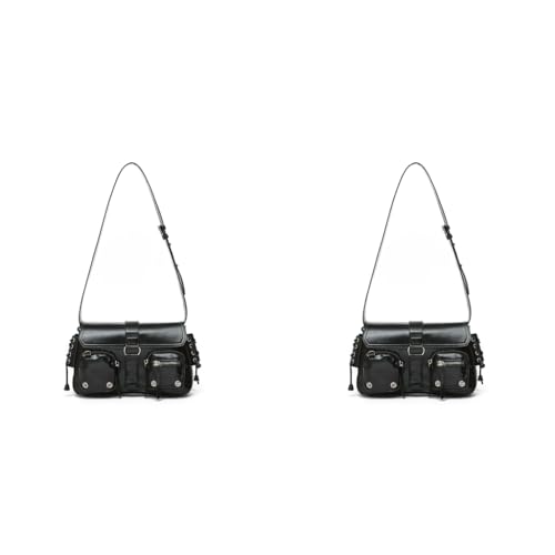 PALAY® Shoulder Bag for Women Black PU Hobo Fashion Dainty Casual Hand Chic Punk Multipocket Zip-up Evening Bag 27x7x16cm 2PCS
