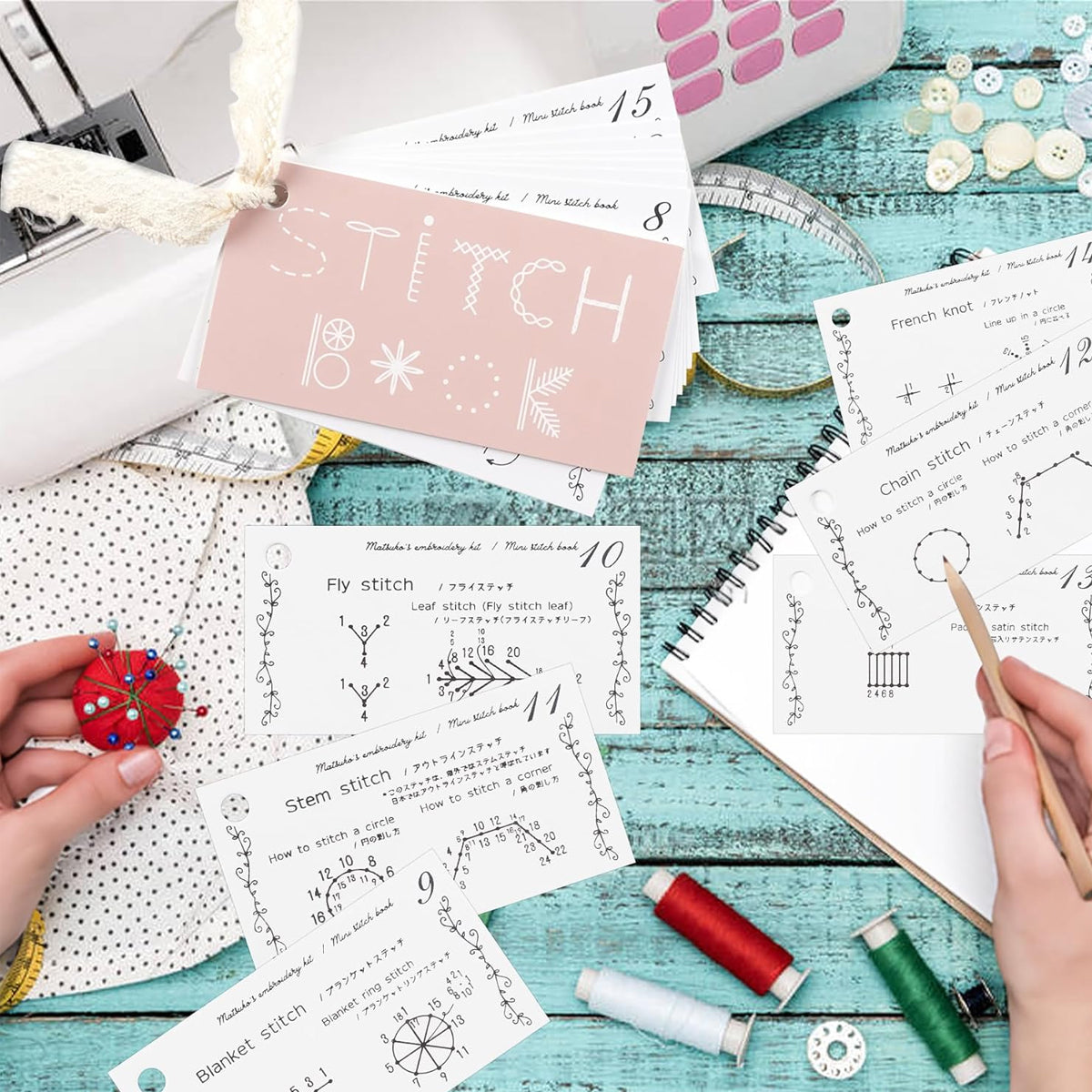 PATPAT Embroidery Stitch Guide Brochure with Needle & Threads Beginners Stitch Skill Guide Book DIY Creative Sewing Practice Cards Set, Portable Mini Sewing Book Craft Kit for Embroidery and Sewing