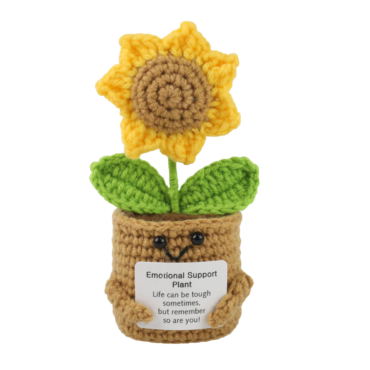ZIBUYU Crochet Sunflower Pot 5.91 inches Motivational Desk Decor Cute Smile Sunflower with Inspirational Cards Lovely Stuffed Crochet Sunflower Toy Car Interior Accent Gift Yellow