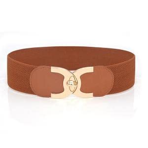 ZIBUYU Fashion Wide Elastic Belt for Women-Gold Buttons Elastic Wide Leaf Waist Belt for Jumpsuit Dress Party, Brown