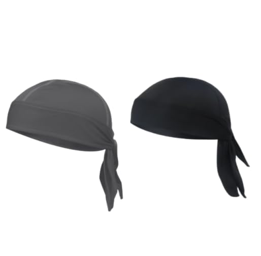 GUSTAVE® 2Pcs Hip Pop Durag Tie-back Cap Quick Dry Riding Cap Sport Bandana Cap Moisture-wicking Breathable Mesh Durag Cap Running Cap, Black & Grey