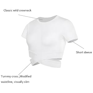 SANNIDHI® Womens Short Sleeve Crop Tops Tummy Cross Short Sleeve Shirts Gym Workout Gym Workout Cropped Tank Tops for Yoga Fitness Running, L