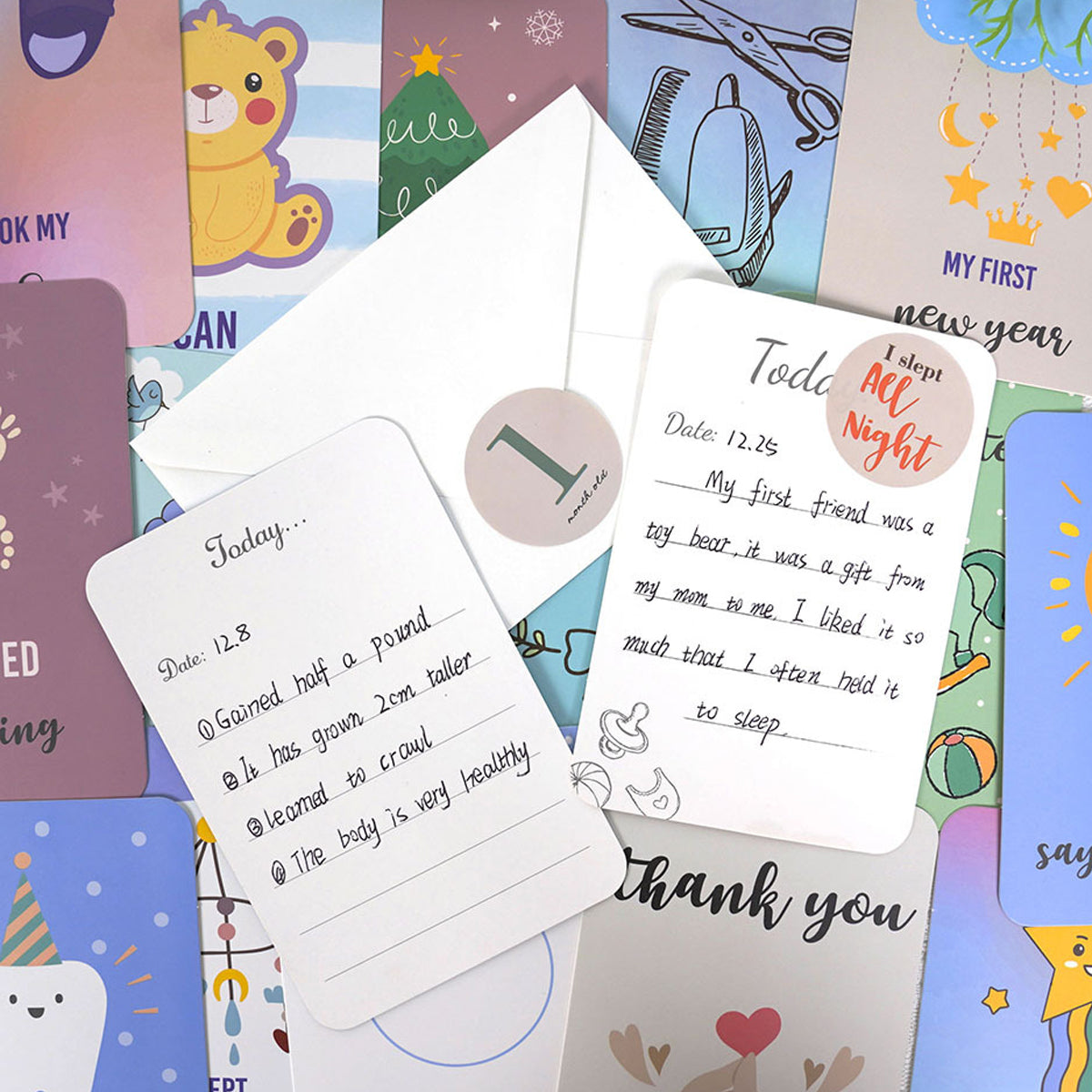 SNOWIE SOFT 50Pcs Baby Milestone Cards with Decorative Stickers Cartoon Milestone Props for Babies Photo Celebration Cards Baby Milestone Props with Blank Message Column Newborn Shower Gift 10x15cm