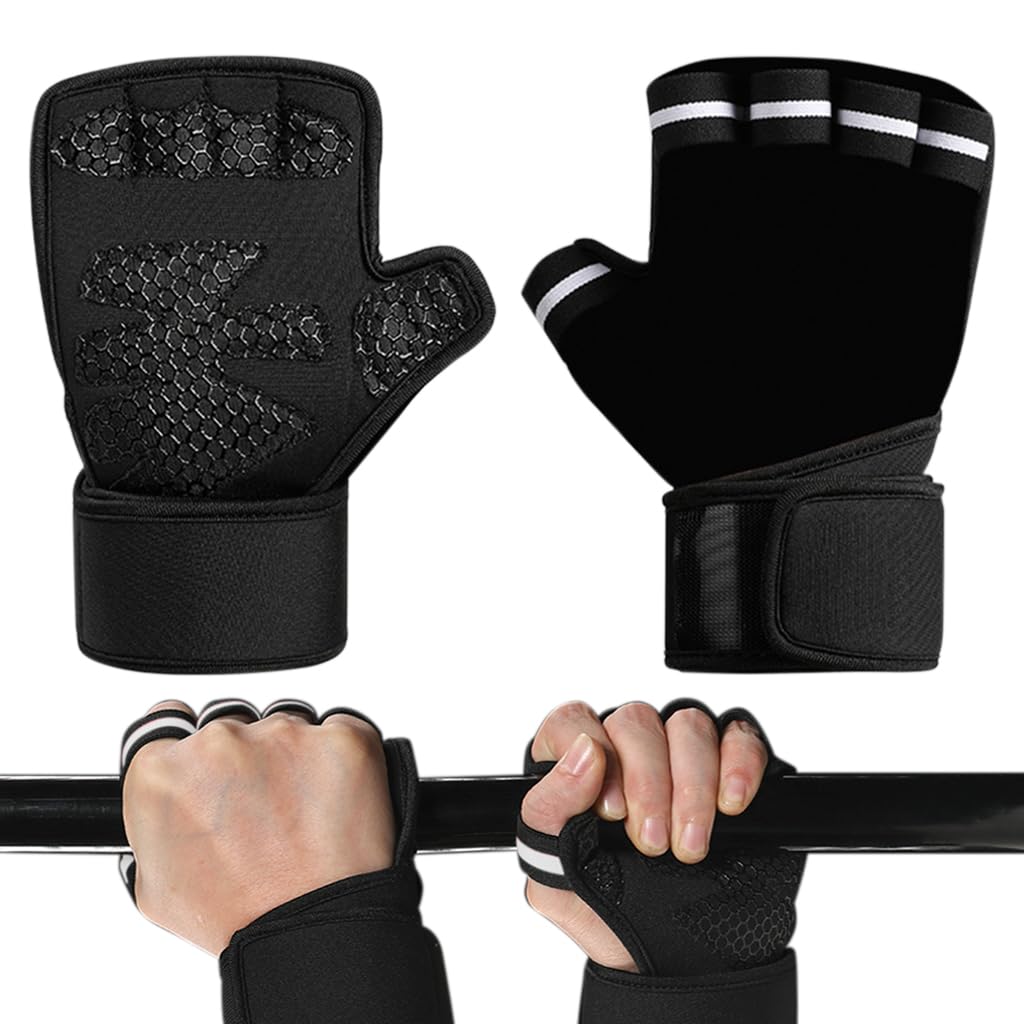 Proberos Fitness Gloves, Gym Gloves with Wrist Support Accessories, Anti Slip Palm Design Summer Breathable Fingerless Gym Gloves for Battling Ropes, Weight Lifting, XL