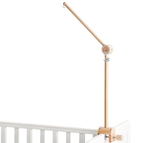 SNOWIE SOFT® Wooden Crib Mobile Arm  Adjustable & 360° Rotatable Mobile Holder with Hook, Universal Screw-Fix Base for Baby Cribs, Natural Wood Finish Crib Mobile Arm for Nursery Room
