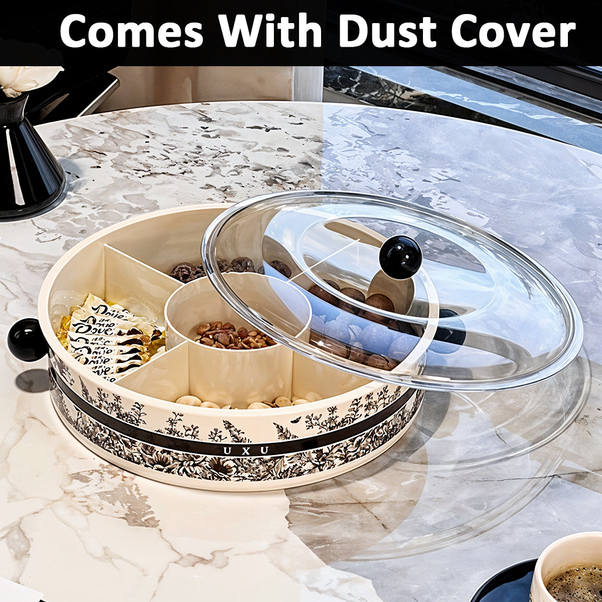 Supvox Dry Fruit Container 13 inches Round Snack Serving Tray with Lid 5 Compartments Design Elergant Kitchen Party Organizer Food Serving Tray for Deli, Snacks, Nuts, Tea Bag