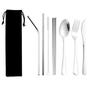 HASTHIP 8-Piece Travel Cutlery Set, Reusable Cutlery Travel Set, 410 Stainless Steel Travel Utensils with Portable Case, Includes Reusable Knife, Fork, Spoon, Straws, Chopsticks, Cleaning Brush