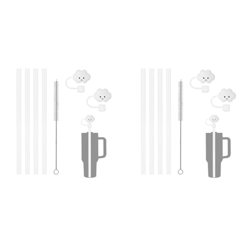 HASTHIP® 8PCS Straws for Stanley Cup with 2 Silicone Smile Cloud Straw Caps and 1 Cleaning Brush 12.2 Inches Reusable PE Replacements for 40oz Tumbler