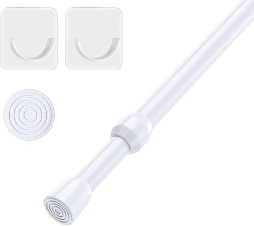 HASTHIP 1Pack Retractable Curtain Rod with 2 Wall hook, Spring Tension Rod Short Curtian Rods No Drilling Expandable Spring Loaded Curtain Tension Rod Adjustable 32.6-59 inches, White