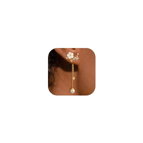 SANNIDHI® Dangle Pearl Drop Earrings For Women Trendy Long Threader Chain Dainty Flower Earrings For Brides CZ Cute 14K Gold Statement Sparkly Jewelry