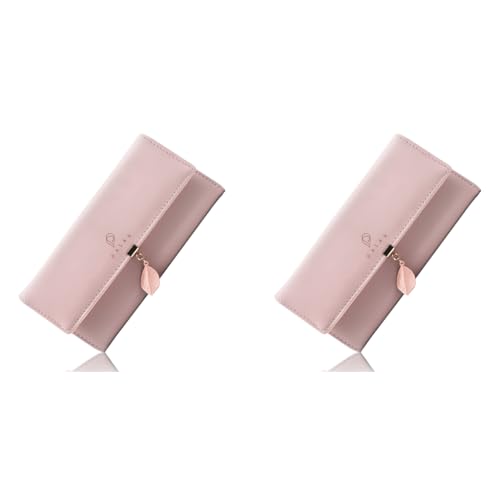 PALAY® Womens PU Leather Long Wallet Leaf Pendant Card Holder Phone Pocket Girls Zipper Coin Purse Pink 2PCS