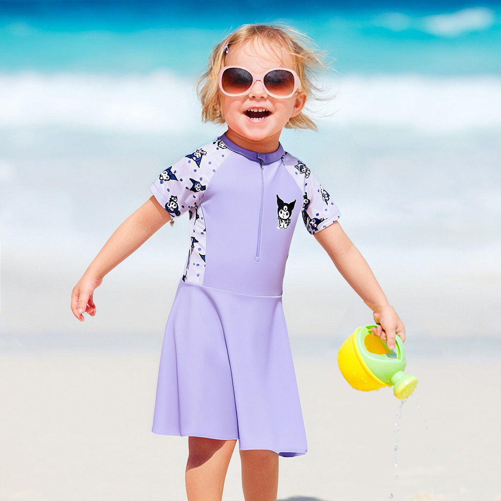 SNOWIE SOFT One-Piece Kuromi Swimming Costume for Kids Girls, Cartoon Swim Suit Set for Girls with Safety Pants for 120-130cm 22-26 Kg 6-7 Years Old Girls for Swimming, Aerobics and Outdoor Seaside