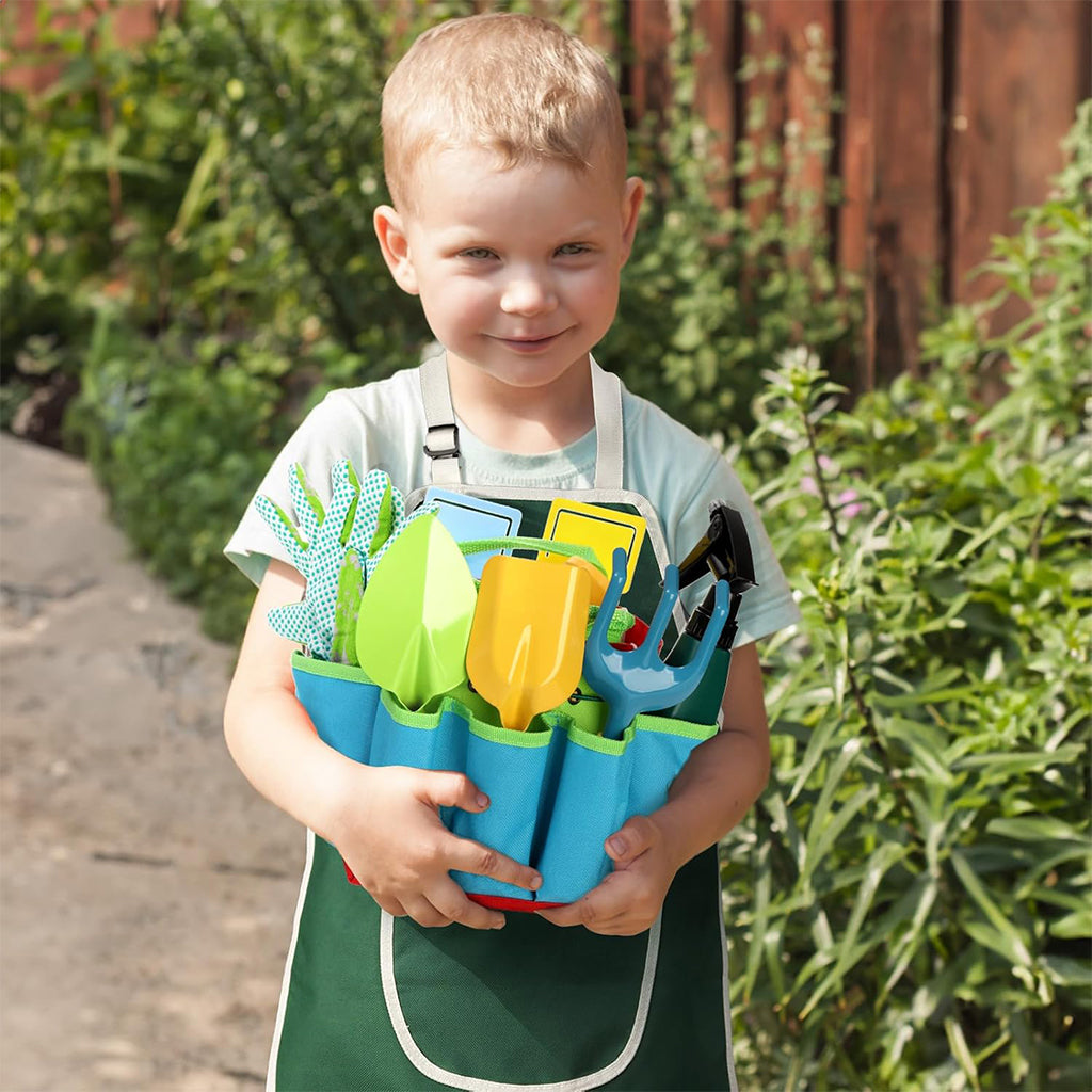 ORTIZA Kids Gardening Toy Set 9Pcs Kids Playhouse Gardening Tools Toy Set Beach Toy Field Trip Gardening Tools Gift Toy Kids, with Shovel Tools, Gloves, Tool Bag, Spray Bottle, Watering Kettles