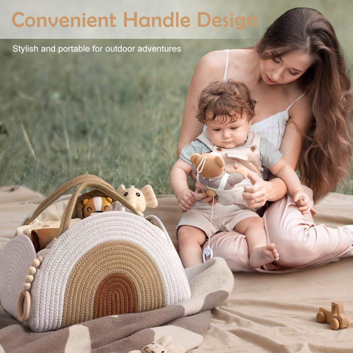 SNOWIE SOFT Baby Diaper Bag Travel Baby Baskets for New Born Cute Cotton Rope Woven Baby Things Organizer Caddy Basket Bag Organizer Baby Shower Gifts New Born Essentials, 32x20x22cm