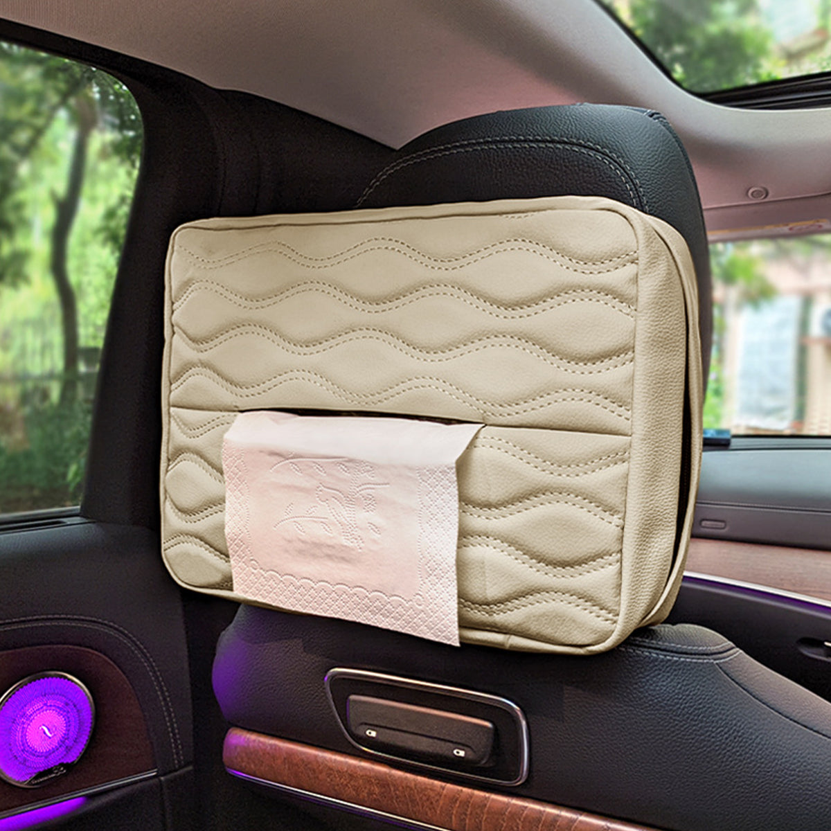 HASTHIP Car Tissue Holder Box Fashion PU Car Tissue Paper Holder for Headrest Backseat Waterproof Car Tissue Paper Holder Tissue Box with Zipper Closure, 29x21.5x7.5cm, Beige Color