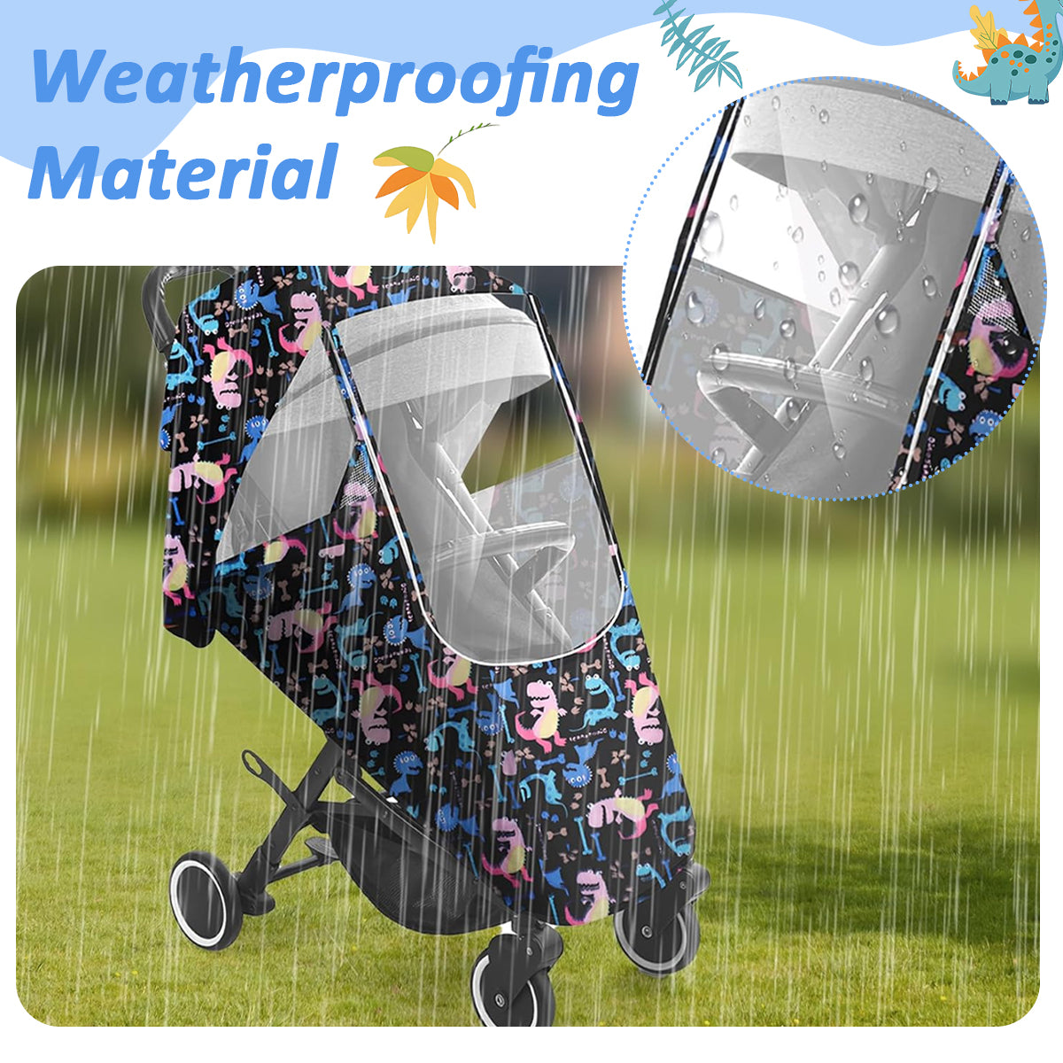 SNOWIE SOFT Rain Cover with Storage Bag Pushchair Baby Stroller Cover Zip-up Clear Front Piece Waterproof Oxford Cloth Rain Cover Dust Cover Universal Cartoon Print Cover