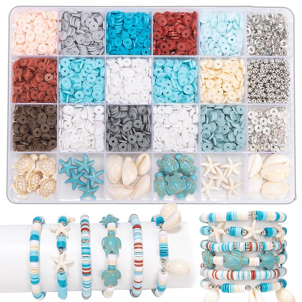 SANNIDHI® Clay Beads Kit, 2400Pcs Flat Beads for Bracelet Making, Ocean Style Jewelry Making Polymer Beads Set for Kids Women Bracelet Anklet Making DIY, with Turtle Shells Starfish Charms
