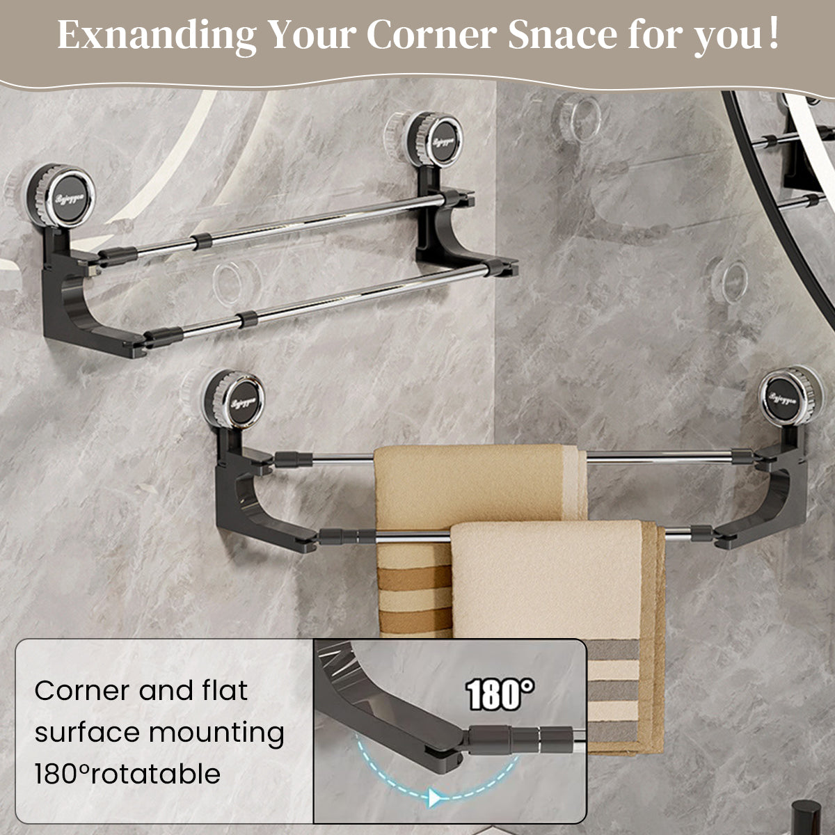 HASTHIP Retractable Towel Rack 30-70cm, No Drill Strong Suction Corner-Fit, Double Layer Stainless Steel Multipurpose Wall Organizer for Bathroom, Kitchen, Shoes, Pot Lids & Dish Cloths