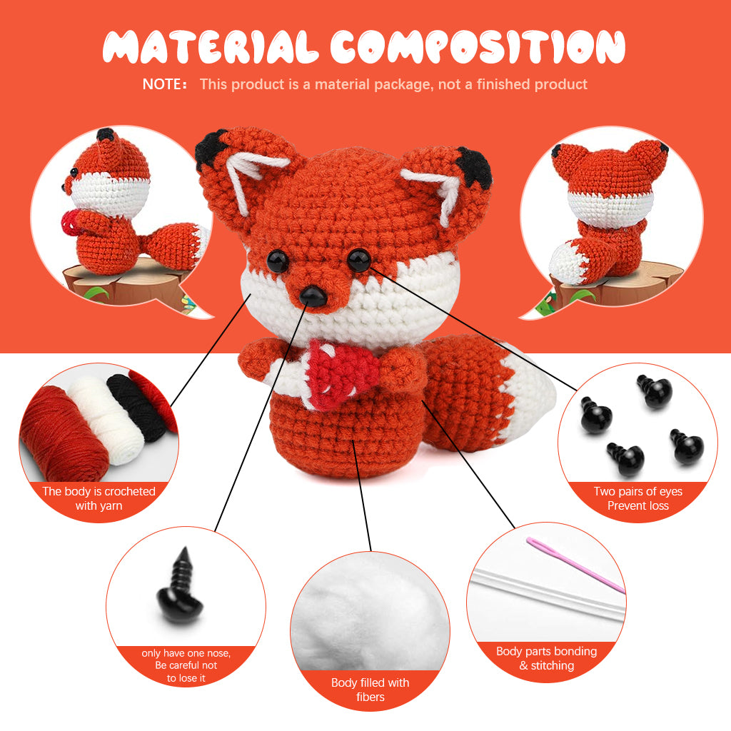 ZIBUYU Crochet Kit for Beginners, Crochet Starter Kit, Fox Crocheting Animals Kits with Crochet Hooks Yarn Polyester Fiber Step-by-Step Video Tutorials, Knitting Kit for Adults
