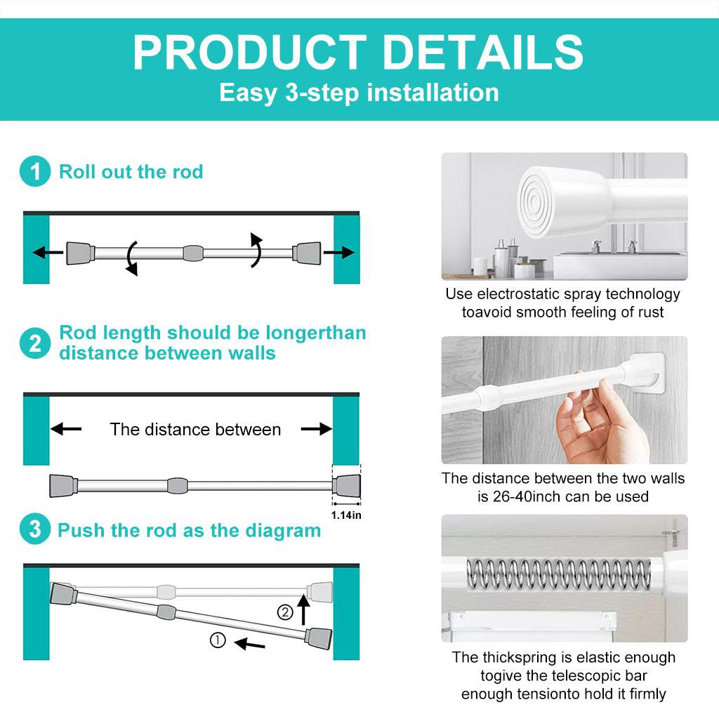 HASTHIP 1Pack Retractable Curtain Rod with 2 Wall hook, Spring Tension Rod Short Curtian Rods No Drilling Expandable Spring Loaded Curtain Tension Rod Adjustable 32.6-59 inches, White