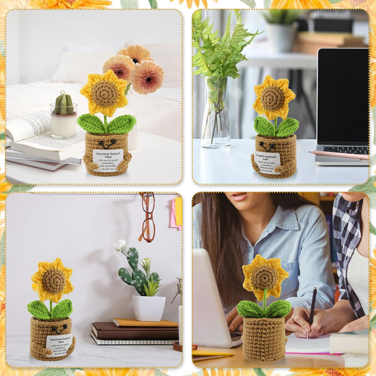 ZIBUYU Crochet Sunflower Pot 5.91 inches Motivational Desk Decor Cute Smile Sunflower with Inspirational Cards Lovely Stuffed Crochet Sunflower Toy Car Interior Accent Gift Yellow