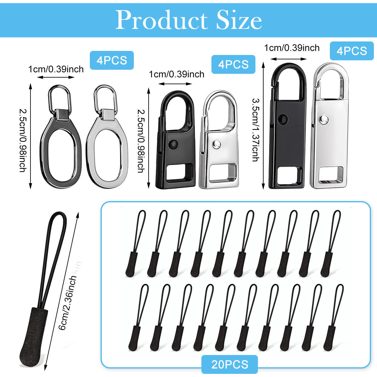 HASTHIP 32Pcs Zippers Metal Zipper Puller, Zipper Repair Kit, 4 Designs 2 Colors Zip Puller, Universal Zipper Puller Tabs Set, Multi Use Detachable Zipper Pulls for Jacket, Bags, Luggage