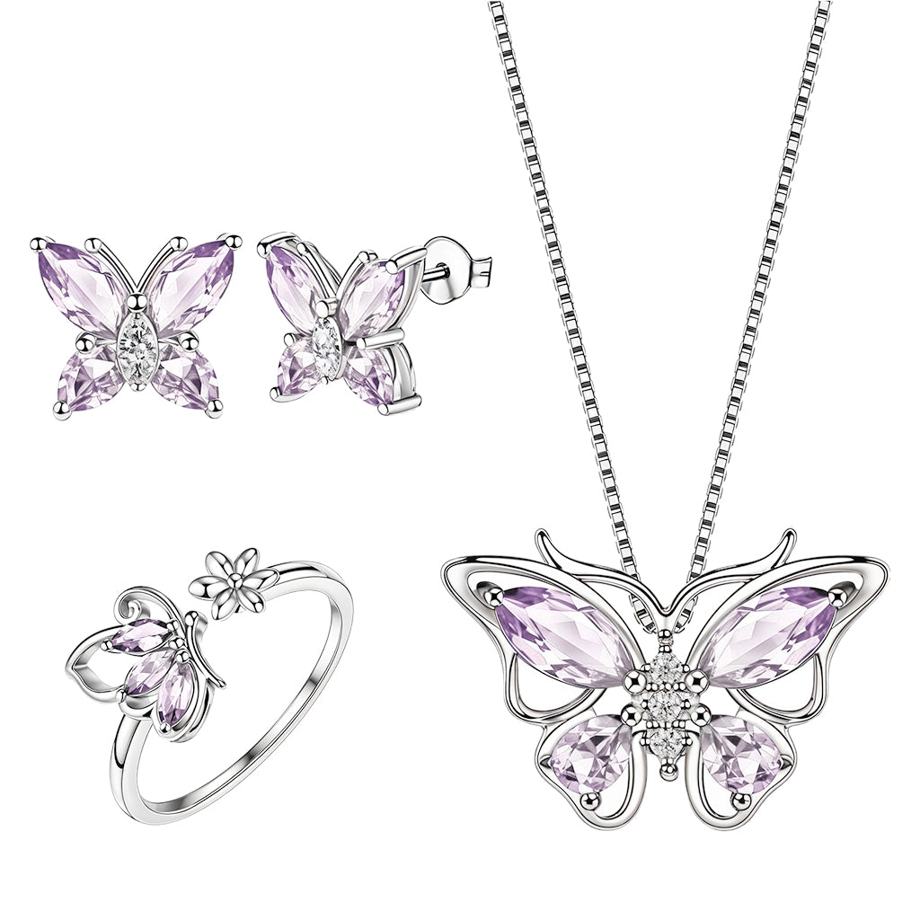 SANNIDHI 4Pcs Necklace Set for Girls Women Stylish Crystal Butterfly Pendant Necklace Adjustable Finger Rings Studs Earrings Jewellery Set Valentine Birthday Gifts for Women, Girls, Sister - Purple