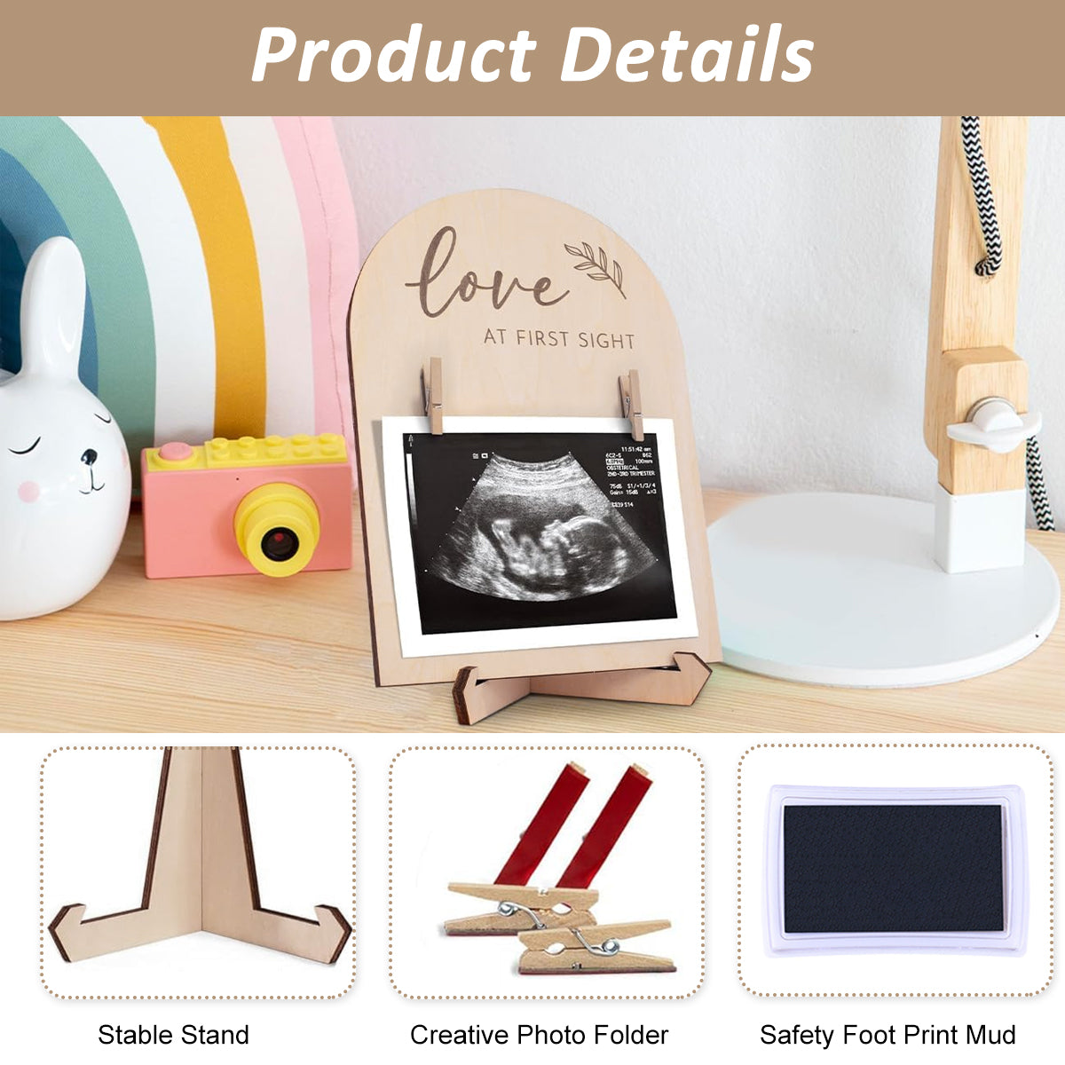 SNOWIE SOFT Baby Ultrasound Picture Frame Desk Baby Photo Frames Display Wooden Frame, with Ink Pad, Marker Pen, Wooden Clips, Creative Sonogram Photo Frame Gift for New Mother Shower Gift