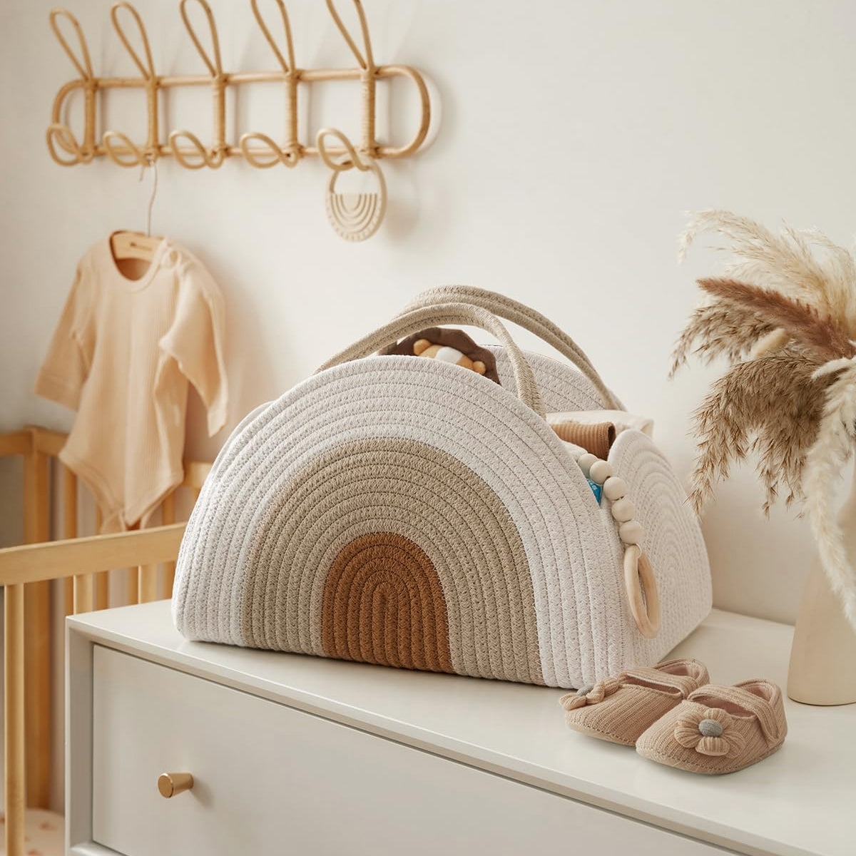 SNOWIE SOFT Baby Diaper Bag Travel Baby Baskets for New Born Cute Cotton Rope Woven Baby Things Organizer Caddy Basket Bag Organizer Baby Shower Gifts New Born Essentials, 32x20x22cm