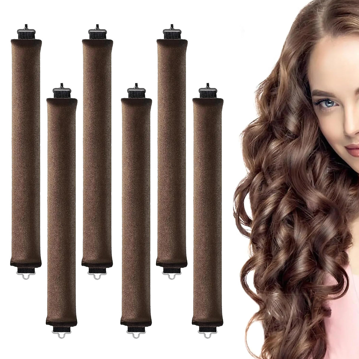 MAYCREATE 6PC Heatless Hair Curler, Flexible Curling Rod with Hook, Satin Rollers for All Hair Types, No Heat Curls to Sleep for Curl Rods, Heatless Curls for Blowout Hair, Brown