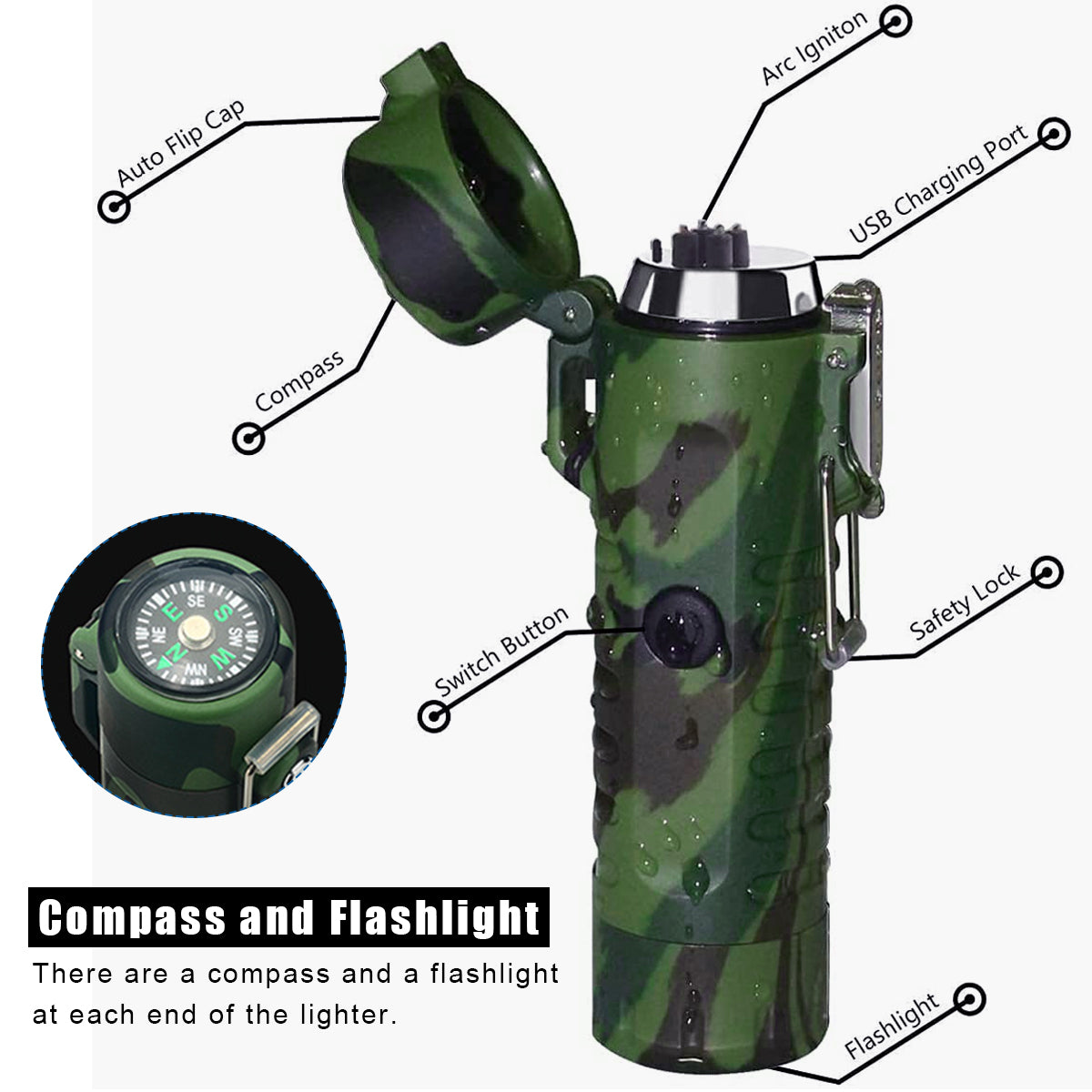 ELEPHANTBOAT® 3 in1 Electric Lighter with Flashlight and Compass, Windproof and Waterproof Rechargeable Dual Arc Plasma Beam Torch Lighter for Camping Hiking Adventure Survival Tactical Gear